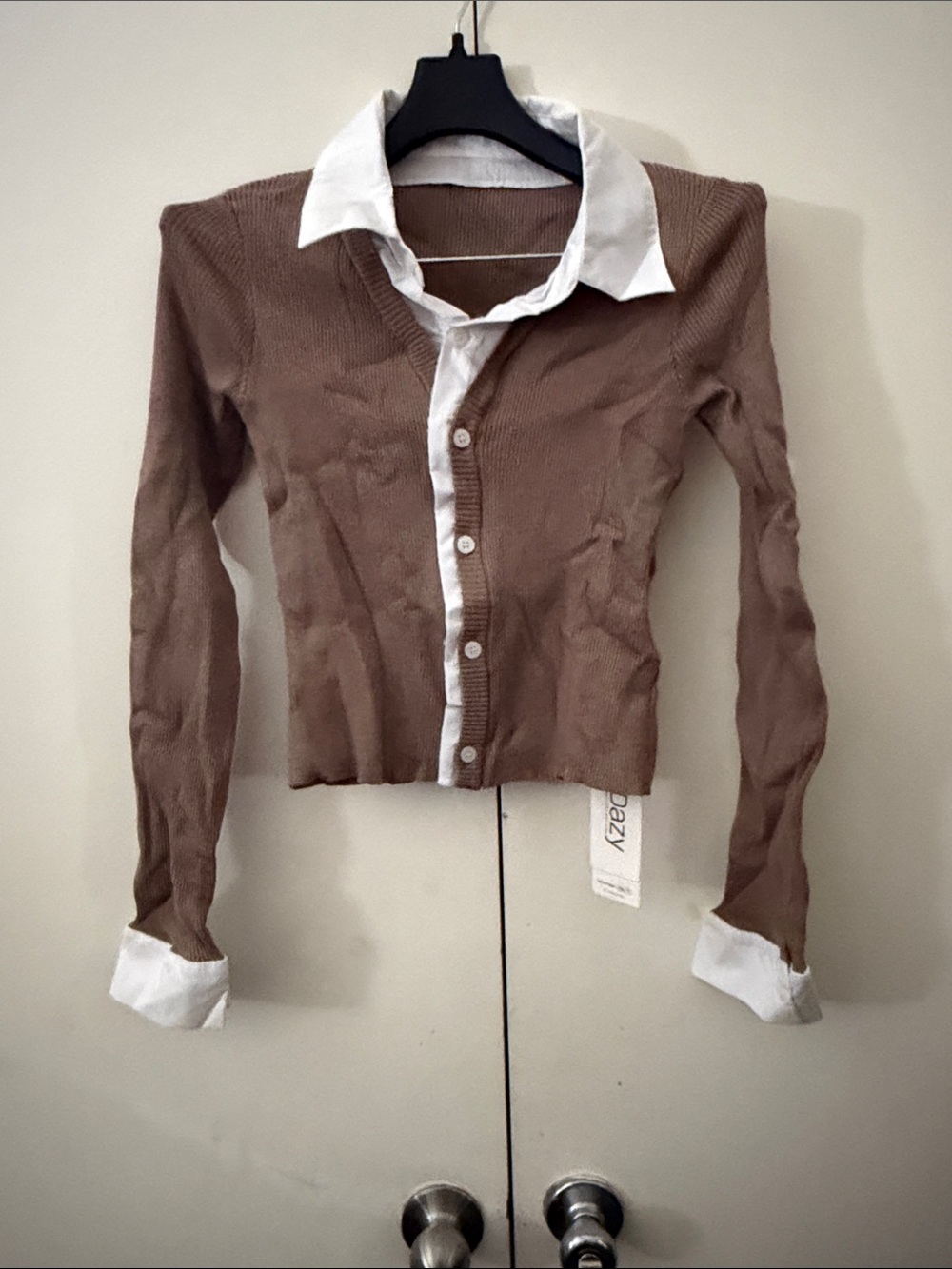 Layered-Look Brown Collared Cardigan Top